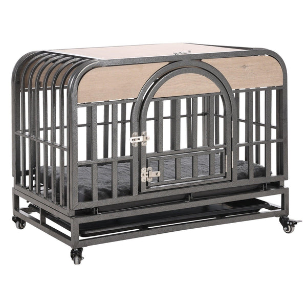 46in Heavy Duty Dog Crate, Furniture Style Dog Crate with Removable Trays and Wheels for High Anxiety Dogs - Supfirm