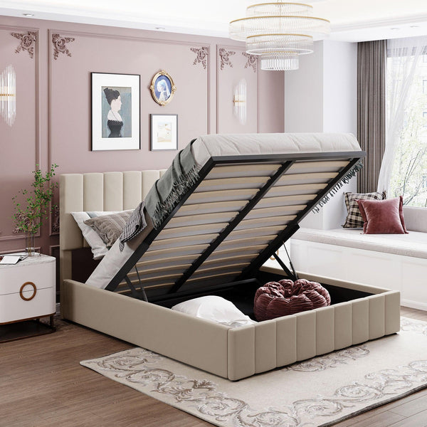 Queen size Upholstered Platform bed with a Hydraulic Storage System - Beige - Supfirm