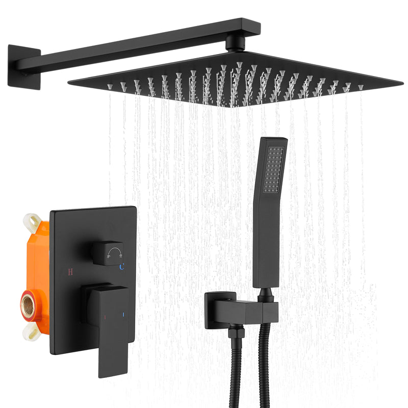 Supfirm Shower System Shower Faucet Combo Set Wall Mounted with 12" Rainfall Shower Head and handheld shower faucet, Matt Black Finish with Brass Valve Rough-In