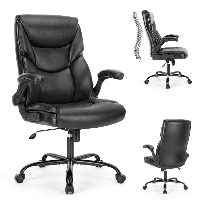 Sweetcrispy Executive Office PU Leather Desk Chair High Back Flip-Up Armrest Adjustable Ergonomic Home Office Chair - Supfirm