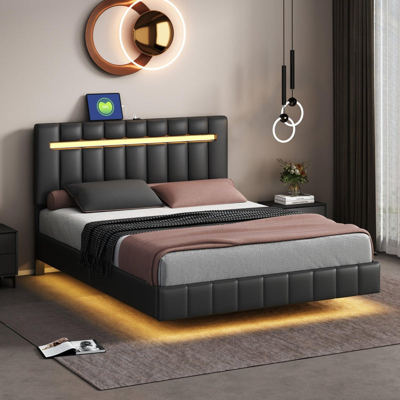 Queen Size Floating Bed Frame with LED Lights and USB Charging,Modern Upholstered Platform LED Bed Frame,Black - Supfirm