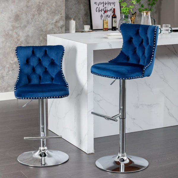 A&A Furniture,Swivel Velvet Barstools Adjusatble Seat Height from 25-33 Inch, Modern Upholstered Chrome base Bar Stools with Backs Comfortable Tufted for Home Pub and Kitchen Island（Blue,Set of 2） - Supfirm