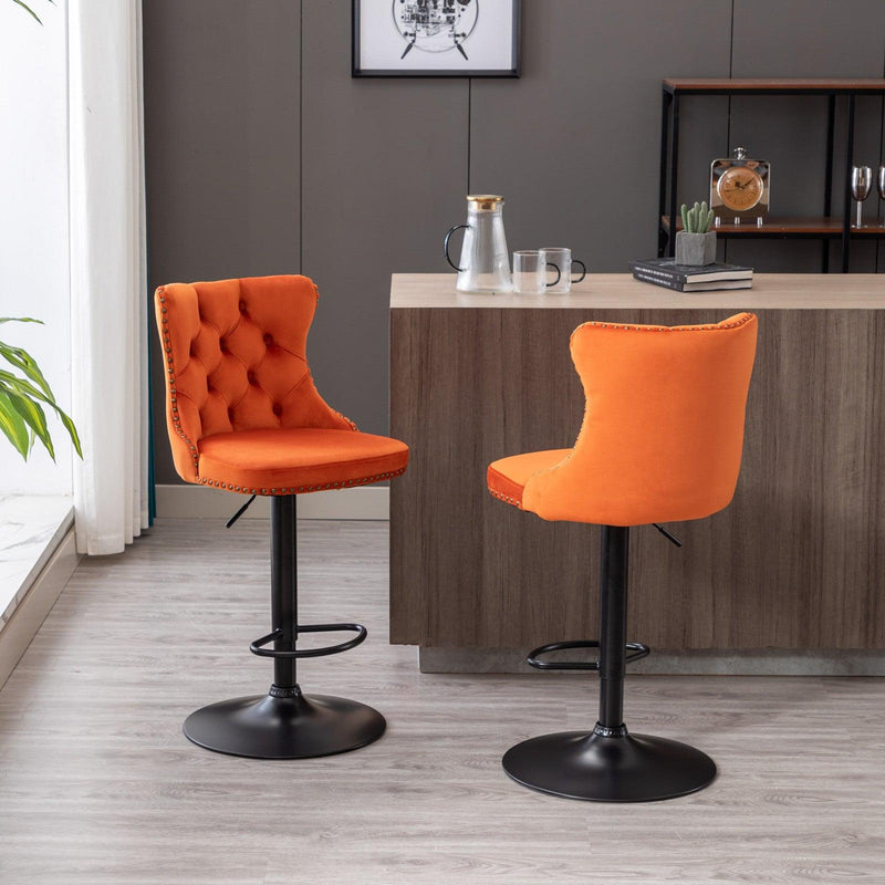 A&A Furniture,Swivel Velvet Barstools Adjusatble Seat Height from 25-33 Inch,17.7inch base, Modern Upholstered Bar Stools with Backs Comfortable Tufted for Home Pub and Kitchen Island,Orange,Set of 2 - Supfirm