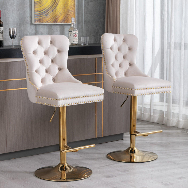 A&A Furniture,Thick Golden Swivel Velvet Barstools Adjusatble Seat Height from 27-35 Inch, Modern Upholstered Bar Stools with Backs Comfortable Tufted for Home Pub and Kitchen Island (Beige,Set of 2) - Supfirm