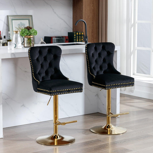 A&A Furniture,Thick Golden Swivel Velvet Barstools Adjusatble Seat Height from 27-35 Inch, Modern Upholstered Bar Stools with Backs Comfortable Tufted for Home Pub and Kitchen Island (Black,Set of 2) - Supfirm