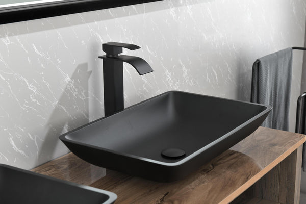 Supfirm 14.38" L -22.25" W -4-3/8 in. H Matte Shell  Glass Rectangular Vessel Bathroom Sink in Black with  Faucet and Pop-Up Drain in Matte Black