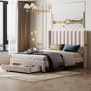 Queen Size Storage Bed Velvet Upholstered Platform Bed with a Big Drawer - Beige - Supfirm