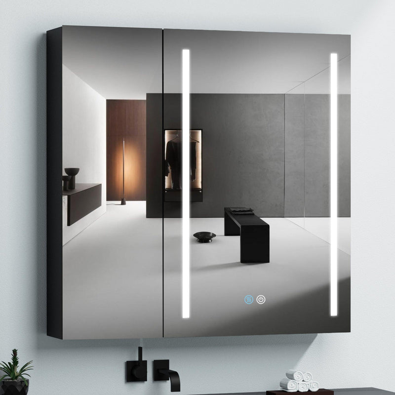 Supfirm 30x30 inch LED Bathroom Medicine Cabinet Surface Mount Double Door Lighted Medicine Cabinet, Medicine Cabinets for Bathroom with Mirror Defogging, Dimmer Black - Supfirm