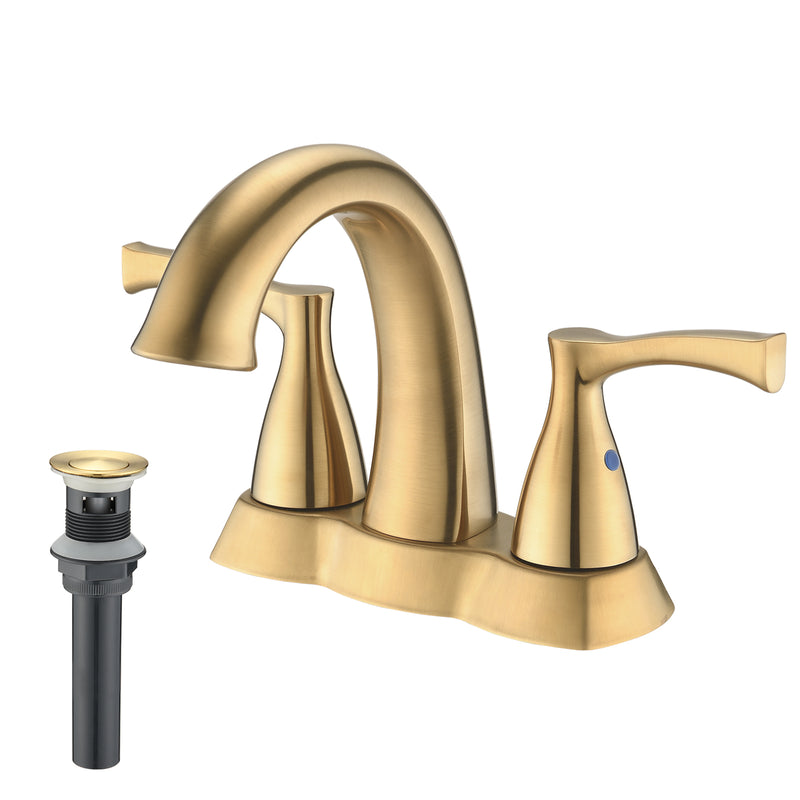 Supfirm 2 Handle 4 Inch Centerset Bathroom Sink Faucet with Pop-Up Drain, Brushed Gold