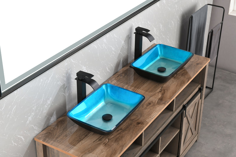 Supfirm 18.125" L -13.0" W -4 1/8" H Handmade Countertop Glass Rectangular Vessel Bathroom Sink Set in Turquoise Finish with Matte Black Single-Handle Single Hole Faucet and Pop Up Drain