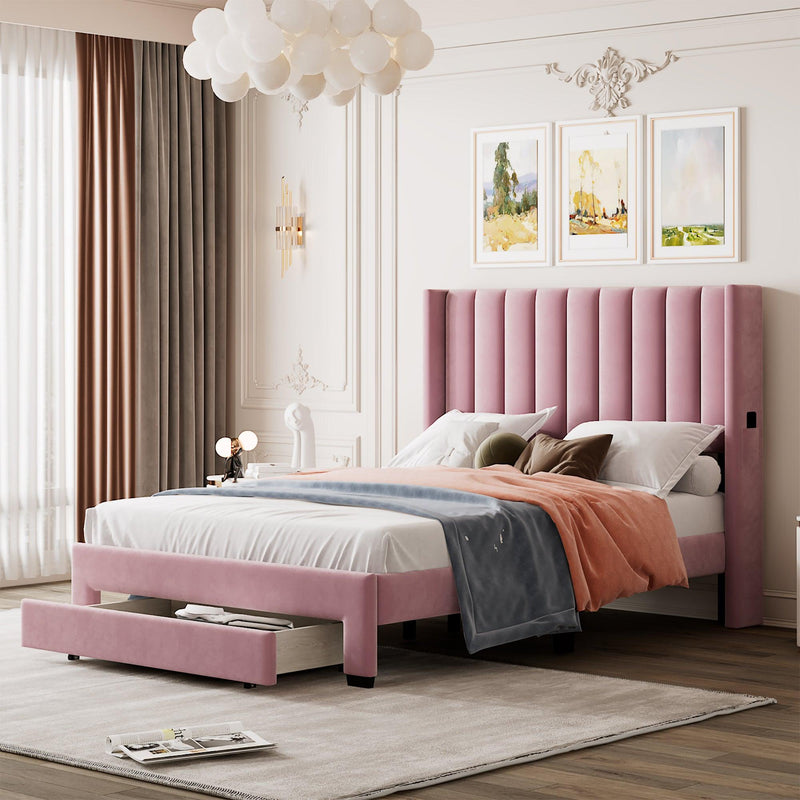 Full Size Storage Bed Velvet Upholstered Platform Bed with a Big Drawer - Pink - Supfirm