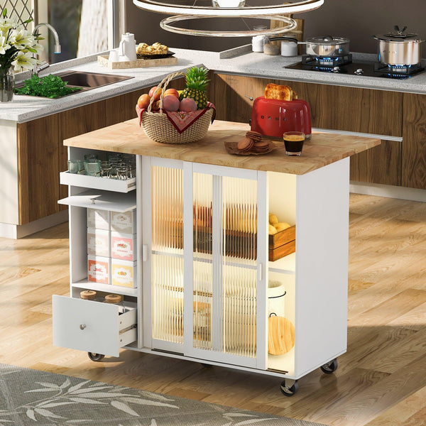 Kitchen Island with Drop Leaf, LED Light Kitchen Cart on Wheels with 2 Fluted Glass Doors and 1 Flip Cabinet Door, Large Kitchen Island Cart with an Adjustable Shelf and 2 Drawers (White) - Supfirm