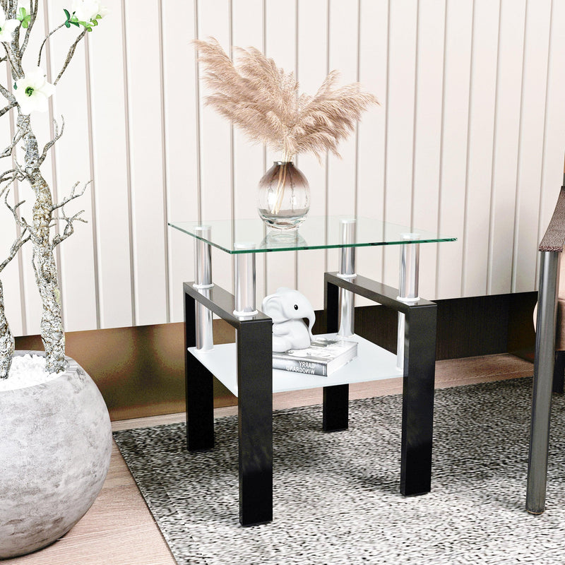 Supfirm 1-Piece Modern Tempered Glass Tea Table Coffee Table End Table, Square Table for Living Room, Transparent/Black - Supfirm