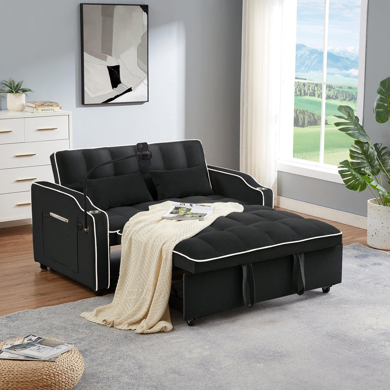 1 versatile foldable sofa bed in 3 lengths, modern sofa sofa sofa velvet pull-out bed, adjustable back and with USB port and ashtray and swivel phone stand (black) - Supfirm