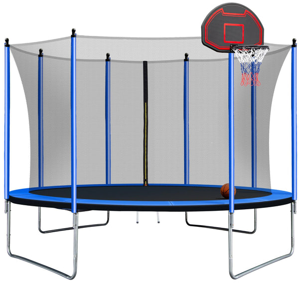 10FT Trampoline with Basketball Hoop Inflator and Ladder(Inner Safety Enclosure) Blue - Supfirm