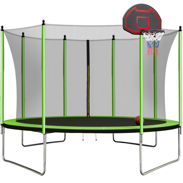 10FT Trampoline with Basketball Hoop Inflator and Ladder(Inner Safety Enclosure) Green - Supfirm