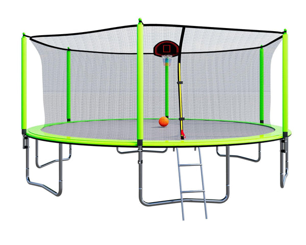 15FT Trampoline with Basketball Hoop Inflator and Ladder(Inner Safety Enclosure) Green - Supfirm