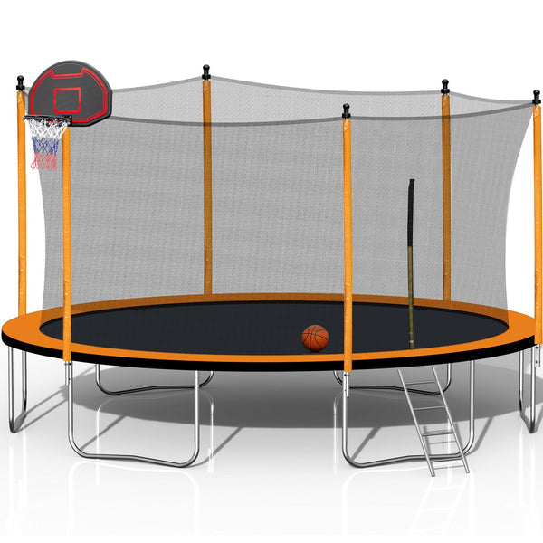 15FT Trampoline with Basketball Hoop Inflator and Ladder(Inner Safety Enclosure) Orange - Supfirm