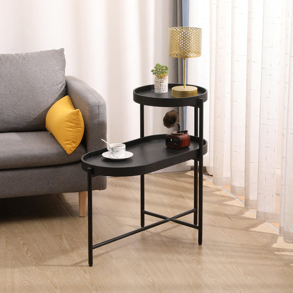 2-Tier Black Side Table with Storage Sofa Table for Living Room Metal Frame & Wooden Desk End Table - Supfirm