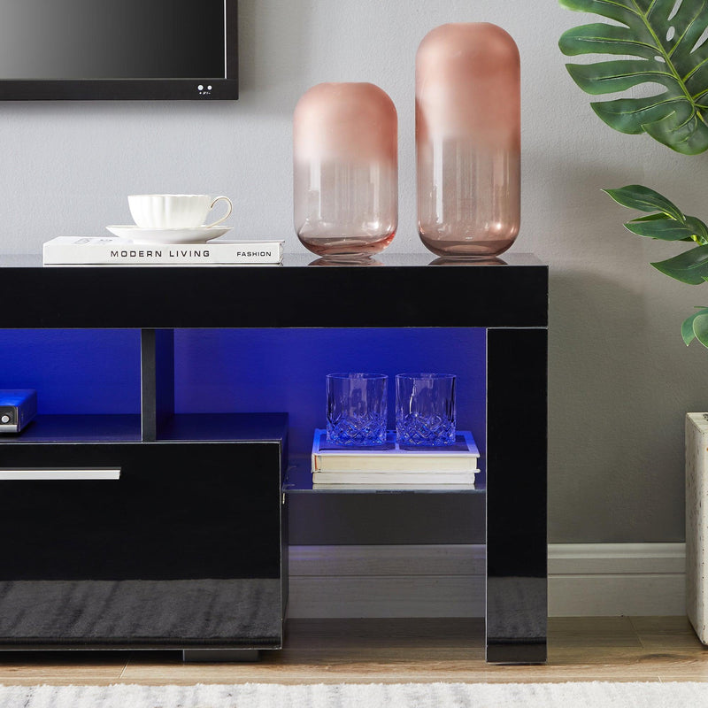 Supfirm 20 minutes quick assemble,Black morden TV Stand with LED Lights,high glossy front TV Cabinet,can be assembled in Lounge Room, Living Room or Bedroom,color:black - Supfirm