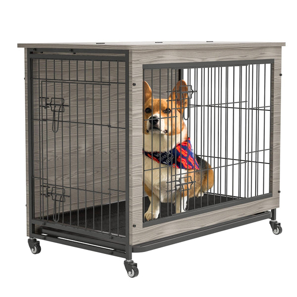 23.6"L X 20"W X 26"H Dog Crate Furniture with Cushion, Wooden Dog Crate Table, Double-Doors Dog Furniture, Dog Kennel Indoor for Small Dog, Dog House, Dog Cage Small, Rustic Brown Grey - Supfirm