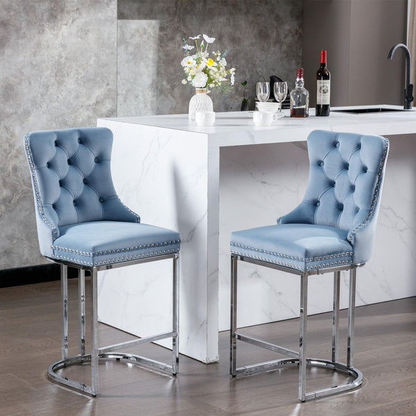 26" Counter Height Bar Stools Set of 2, Modern Velvet Barstools with Button Back&Rivet Trim Upholstered Kitchen Island Chairs with Sturdy Chromed Metal Base Legs Farmhouse Bar Stools,Light Blue,2 Pack - Supfirm