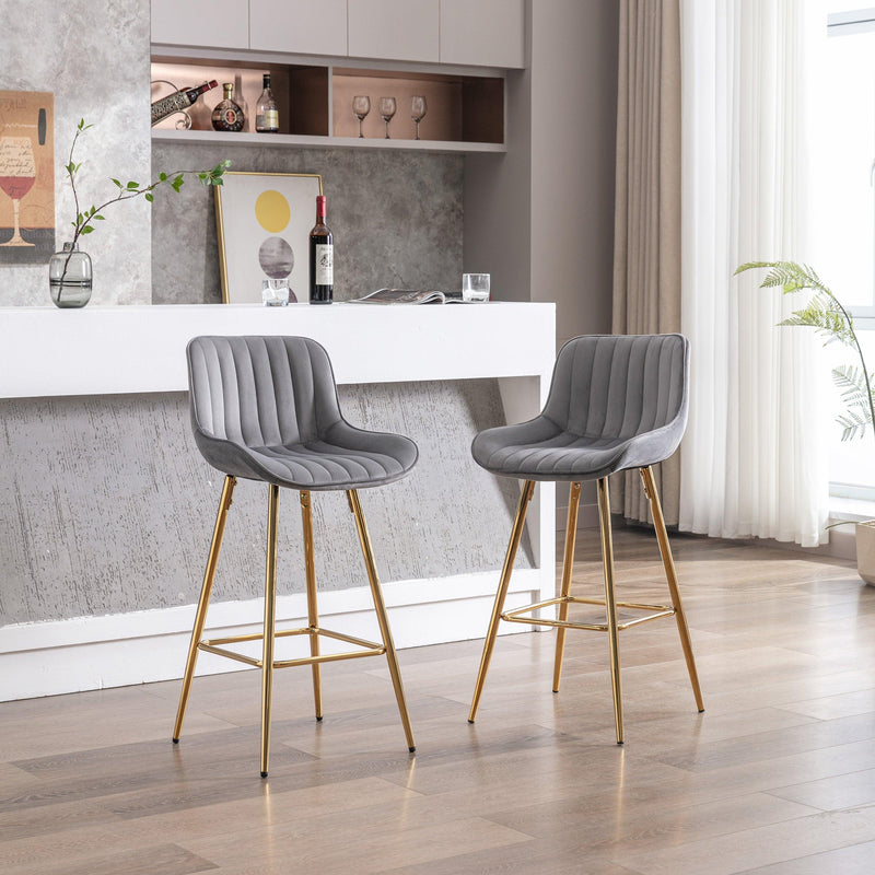 26 Inch Set of 2 Bar Stools,with Chrome Footrest Velvet Fabric Counter Stool Golden Leg Simple Bar Stool, Kitchen Island Seats, GRAY - Supfirm