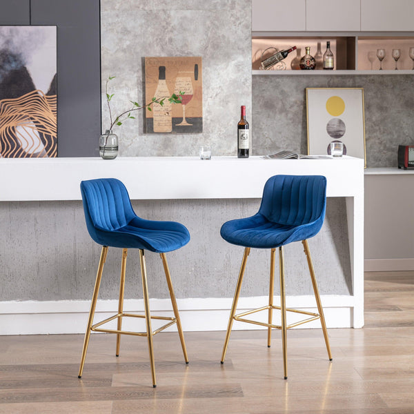 26 Inch Set of 2 Bar Stools,with Steel Frame Footrest Velvet Fabric Golden Leg Simple Bar Stool, Kitchen Island Seats, BLUE - Supfirm