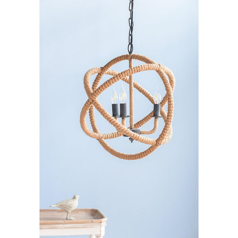 3- Light Farmhouse Chandelier, Rope Chandelier Globe Hanging Light Fixture with with Adjustable Chain for Kitchen Dining Room Foyer Entryway, Bulb Not Included - Supfirm