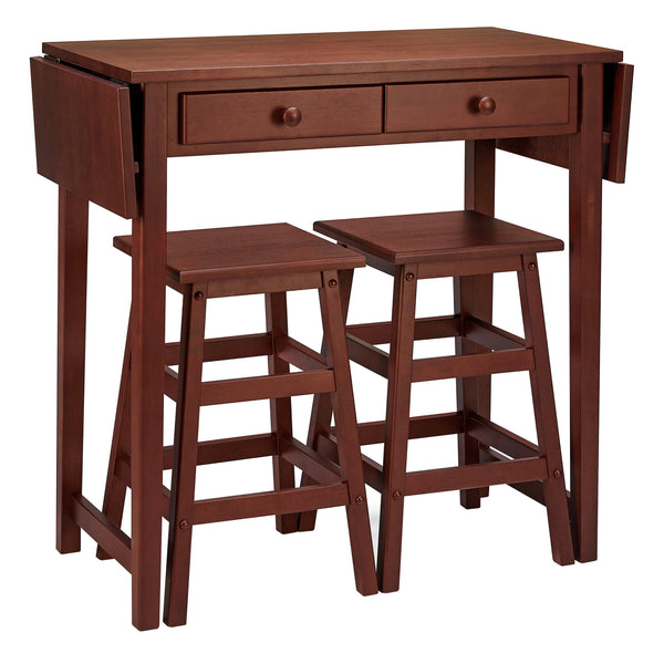 3 Piece Handcrafted Kitchen Island Breakfast Table Set, 2 Drawers, Rubberwood, Stools, Walnut Brown - Supfirm