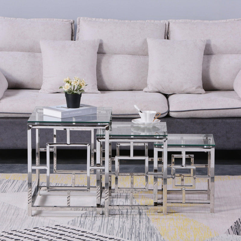 Supfirm 3 Pieces Silver Square Nesting Glass End Tables- Small Coffee Table Set- Stainless Steel End Tables with Clear Tempered Glass- 18" Modern Minimalist Small Coffee Tables for Living Room - Supfirm