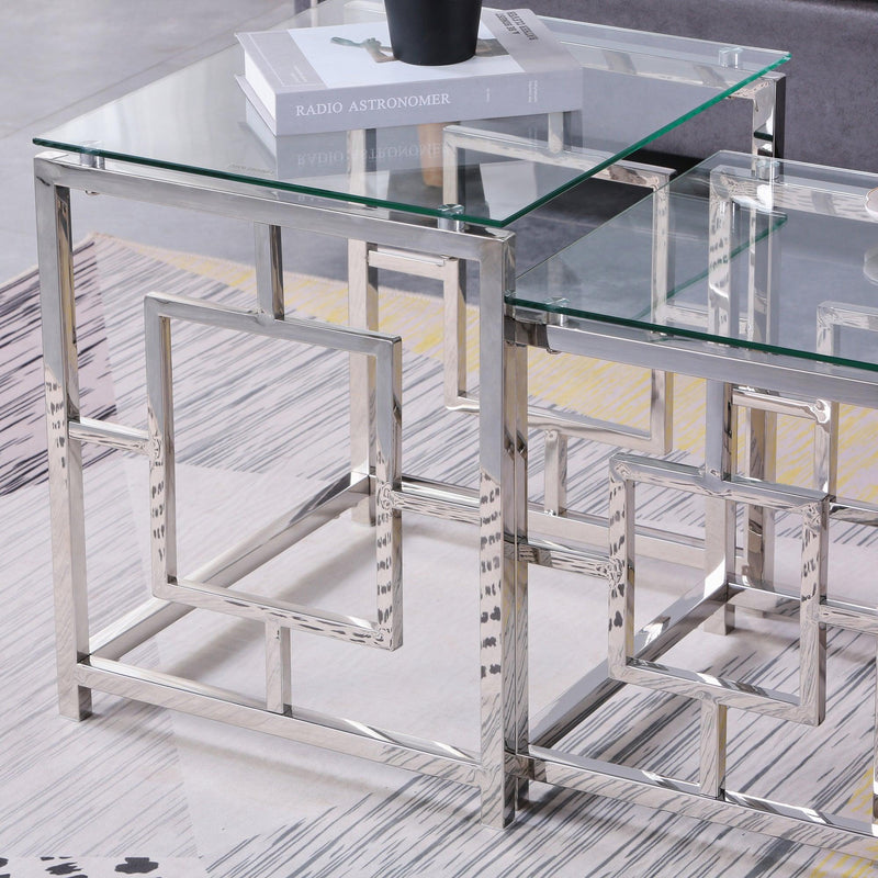 Supfirm 3 Pieces Silver Square Nesting Glass End Tables- Small Coffee Table Set- Stainless Steel End Tables with Clear Tempered Glass- 18" Modern Minimalist Small Coffee Tables for Living Room - Supfirm