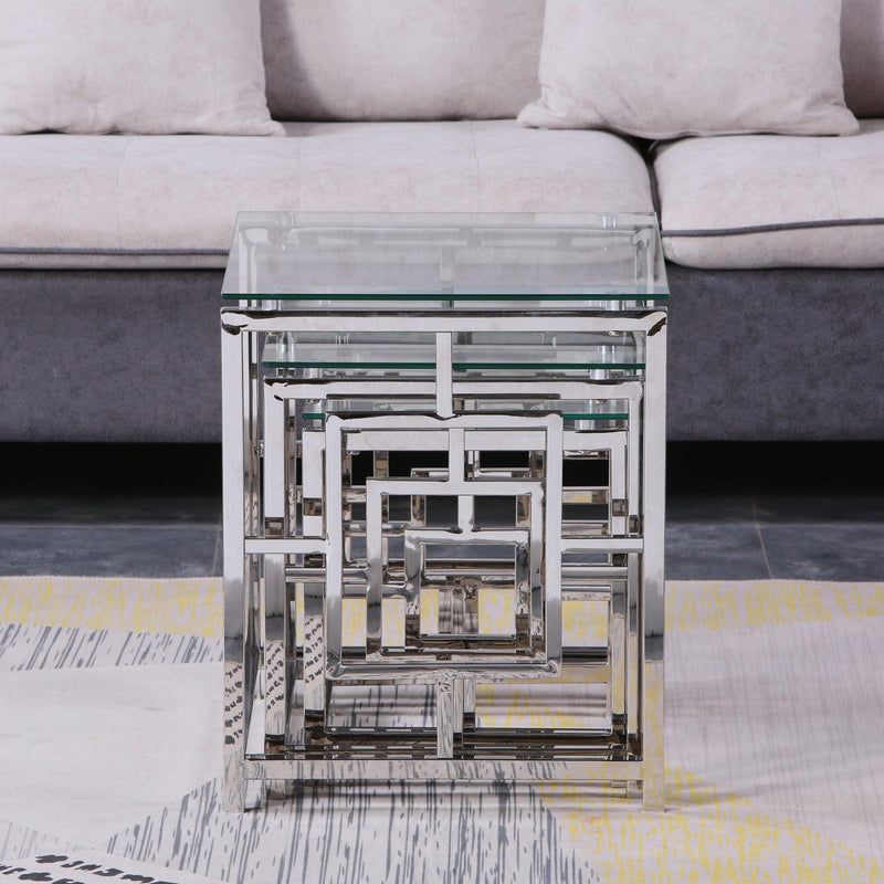 Supfirm 3 Pieces Silver Square Nesting Glass End Tables- Small Coffee Table Set- Stainless Steel End Tables with Clear Tempered Glass- 18" Modern Minimalist Small Coffee Tables for Living Room - Supfirm