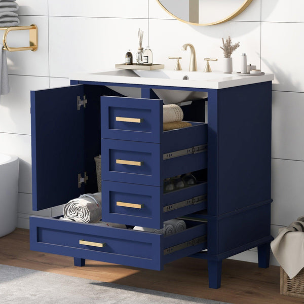 Supfirm 30" Bathroom Vanity , Modern Bathroom Cabinet with Sink Combo Set, Bathroom Storage Cabinet with a Soft Closing Door and 3 Drawers, Solid Wood Frame(Blue) - Supfirm