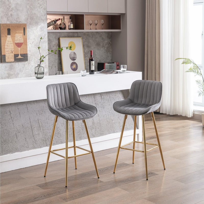 30 inch Set of 2 Bar Stools,with Chrome Footrest Velvet Fabric Counter Stool Golden Leg Simple High Bar Stool, Kitchen Island Seats, GRAY - Supfirm