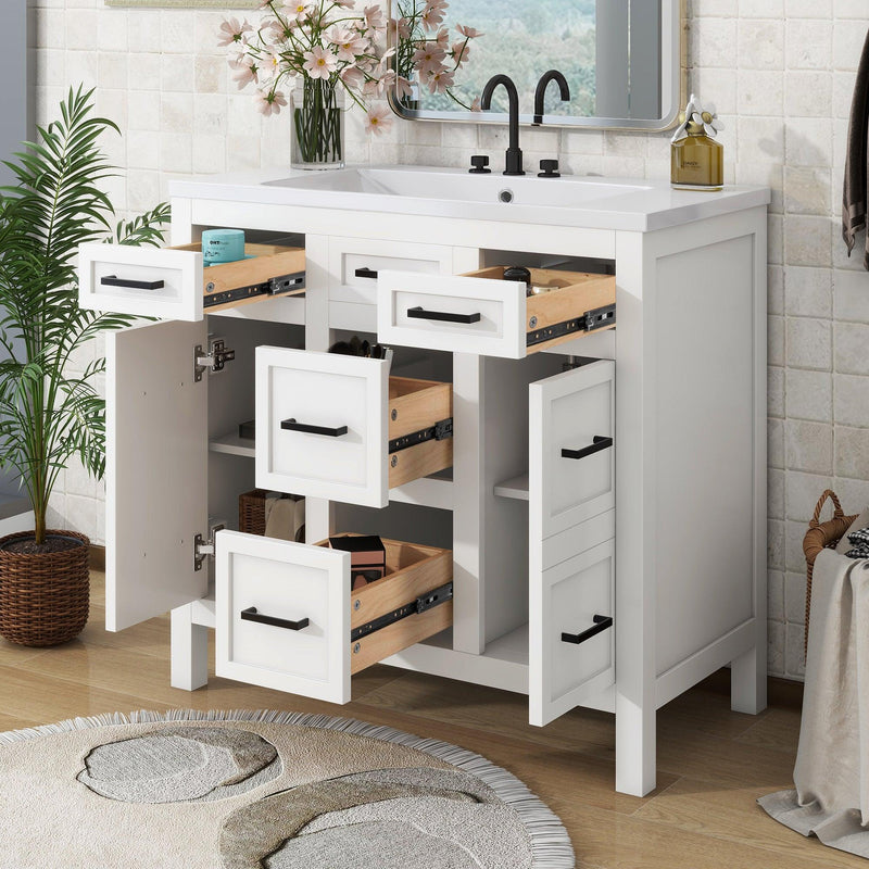 Supfirm 36" Bathroom Vanity Cabinet with Resin Integrated Sink - 4 Drawers, 2 Doors - Supfirm