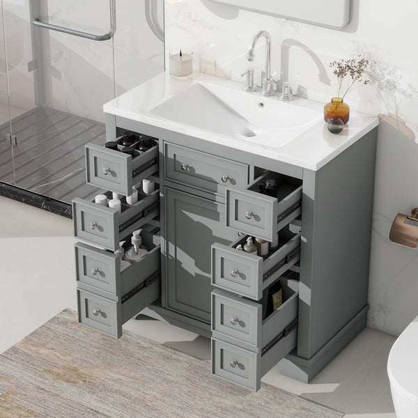 36" Bathroom Vanity with Sink Combo, One Cabinet and Six Drawers, Solid Wood and MDF Board, Grey - Supfirm