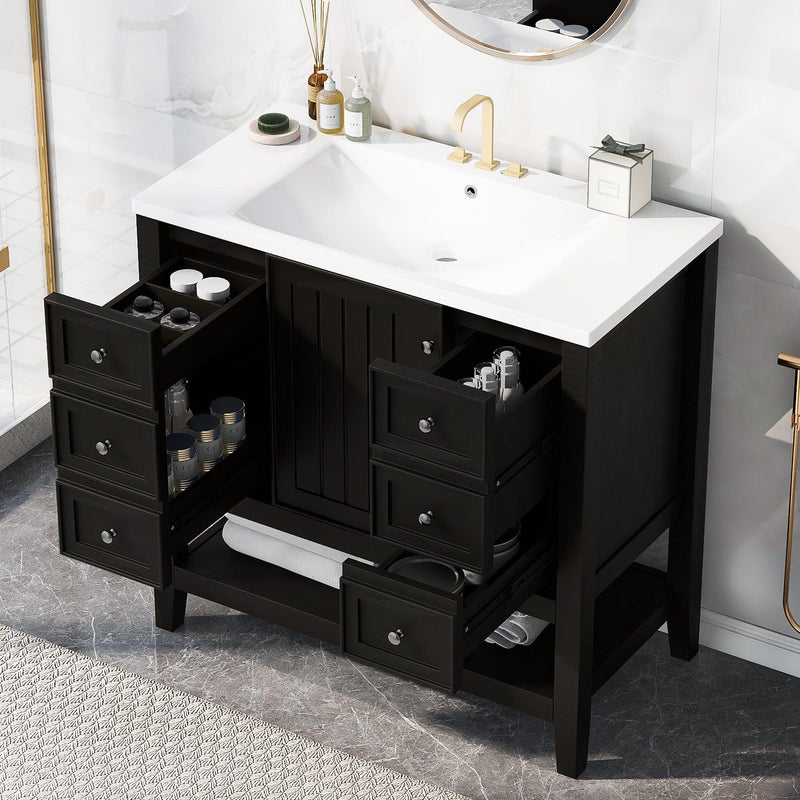 36" Bathroom Vanity with Sink Combo, One Cabinet and Three Drawers, Solid Wood and MDF Board, Black - Supfirm