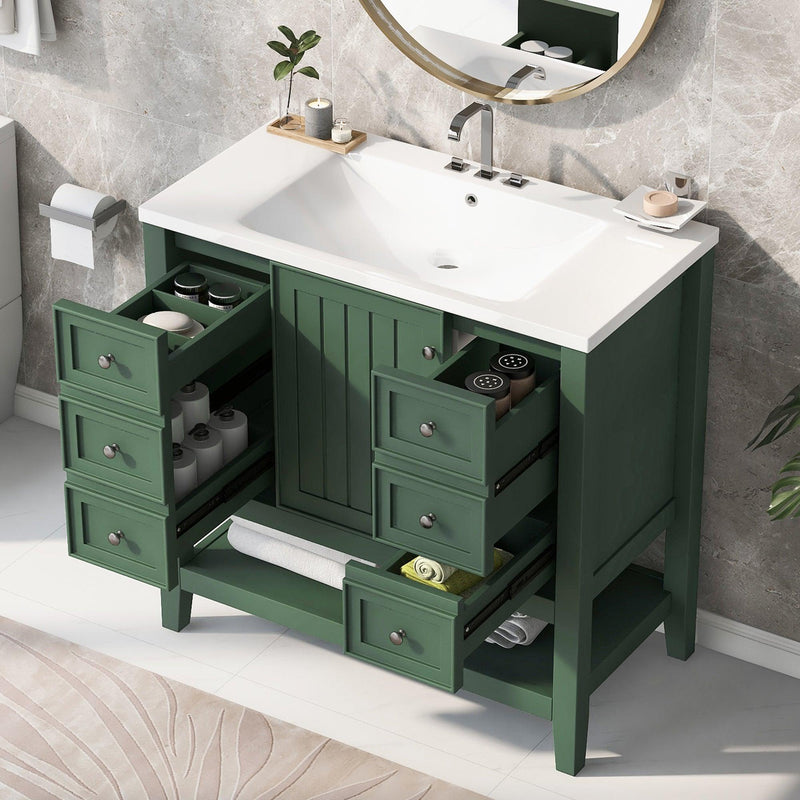 36" Bathroom Vanity with Sink Combo, One Cabinet and Three Drawers, Solid Wood and MDF Board, Green - Supfirm