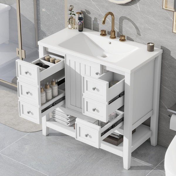 36" Bathroom Vanity with Sink Combo, One Cabinet and Three Drawers, Solid Wood and MDF Board, White - Supfirm