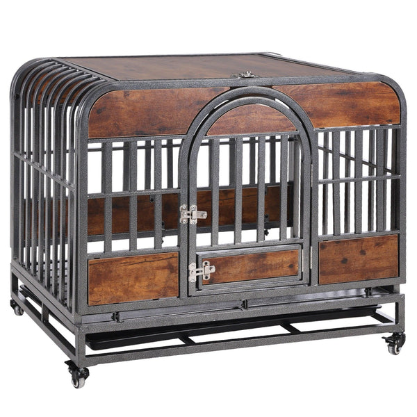 37in Heavy Duty Dog Crate, Furniture Style Dog Crate with Removable Trays and Wheels for High Anxiety Dogs - Supfirm