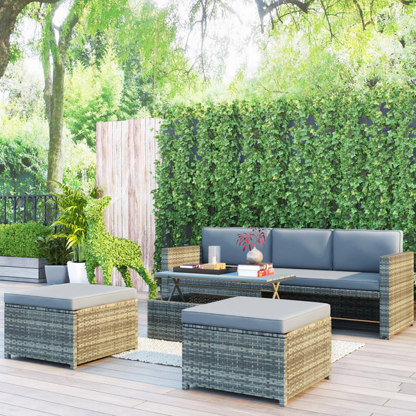 Supfirm 4-piece Outdoor Backyard Patio Rattan Sofa Set, All-weather PE Wicker Sectional Furniture Set with Retractable Table, Gray - Supfirm