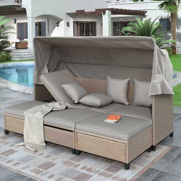 Supfirm 4 Piece UV-Resistant Resin Wicker Patio Sofa Set with Retractable Canopy, Cushions and Lifting Table,Brown - Supfirm