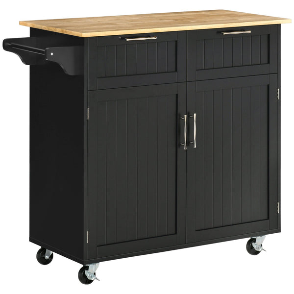 41" Modern Rolling Kitchen Island on Wheels, Utility Cart Storage Trolley with Rubberwood Top & Drawers, Black - Supfirm