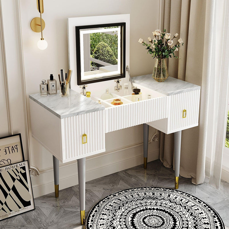 43.3" Modern Vanity Table Set with Flip-top Mirror and LED Light, Dressing Table with Customizable Storage, Marble-style Stickers Tabletop, White and Gray - Supfirm