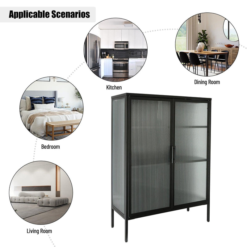 Supfirm 48 Inch Double Glass Door Storage Cabinet, Sideboard Cabinet with Adjustable Shelves and Feet Cold-Rolled Steel Tempered Glass Sideboard Furniture for Living Room Kitchen Black Color - Supfirm