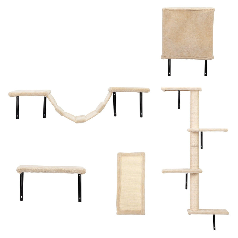 5 Pcs Wall Mounted Cat Climber Set, Floating Cat Shelves and Perches, Cat Activity Tree with Scratching Posts, Modern Cat Furniture, Beige - Supfirm