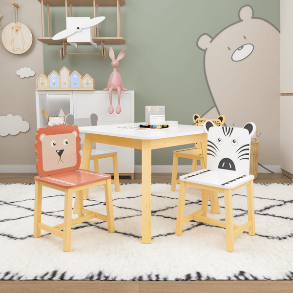 5 Piece Kiddy Table and Chair Set , Kids Wood Table with 4 Chairs Set Cartoon Animals (bigger table) (3-8 years old) - Supfirm