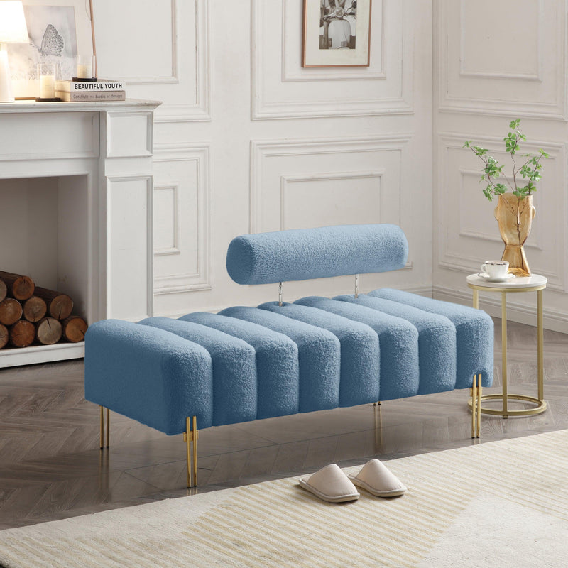 53.2" Width Modern End of Bed Bench Sherpa Fabric Upholstered 2 Seater Sofa Couch Entryway Ottoman Bench Fuzzy Sofa Stool Footrest Window Bench with Gold Metal Legs for Bedroom Living Room,Light Blue - Supfirm