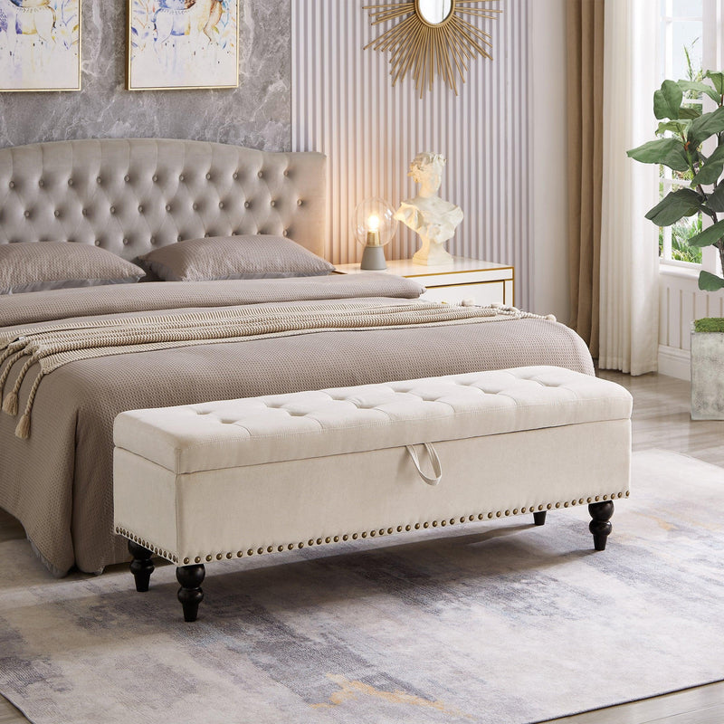 59" Bed Bench Ottoman with Storage Beige Fabric - Supfirm